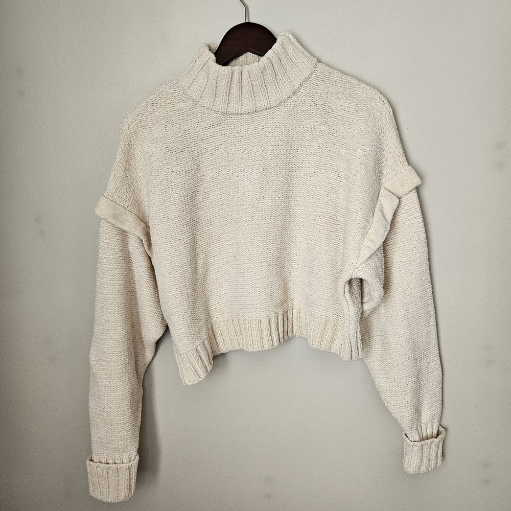 Urban Outfitters Sweater Cozy Cream Turtleneck Ruffle Cropped Neutral Chenille